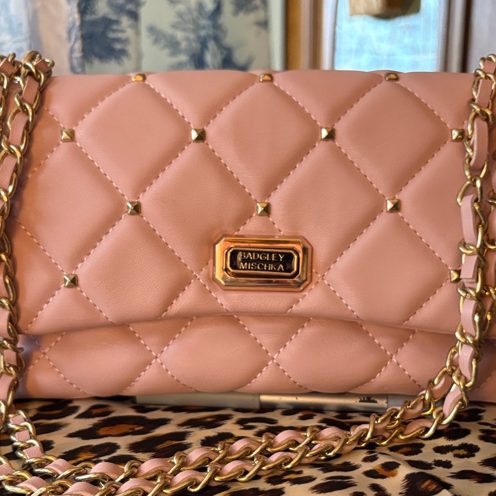 Badgley Mischka Blush Quilted Clutch with Gold Chain